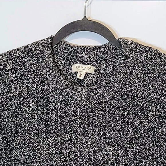 Sonoma Marled Crewneck Sweater Pullover Black White Knit Patch Elbows Sz Medium - Picture 3 of 11